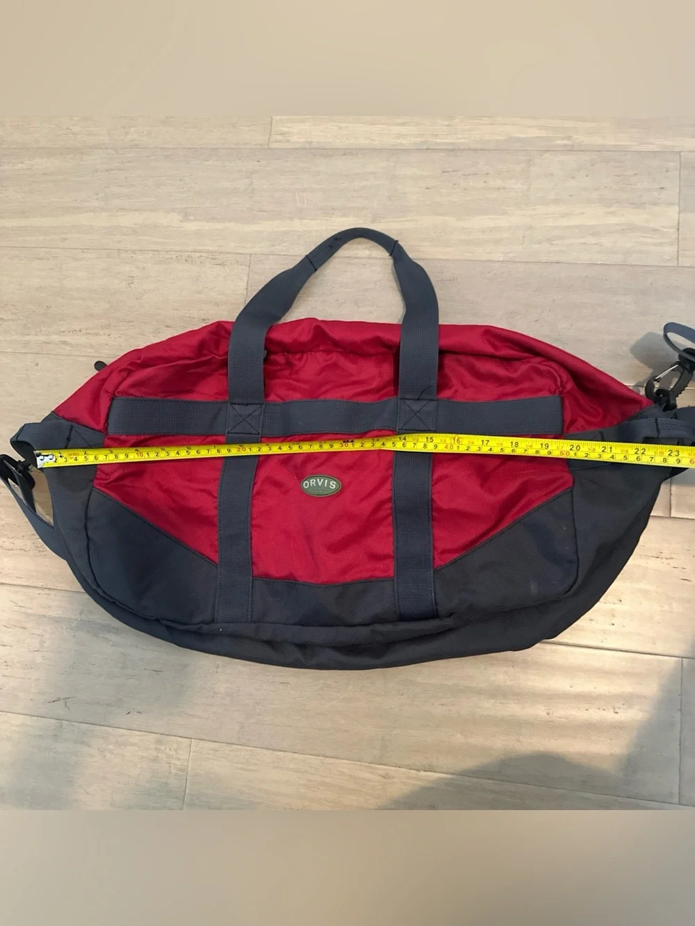 Orvis Red And Grey Nylon Duffle Weekend Travel Carry on Bag Shoulder Strap